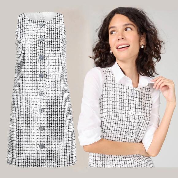 NWT J.Crew Sleeveless Tweed Shift Dress Size 12P Button-Front Black White Bouclé - Picture 1 of 16